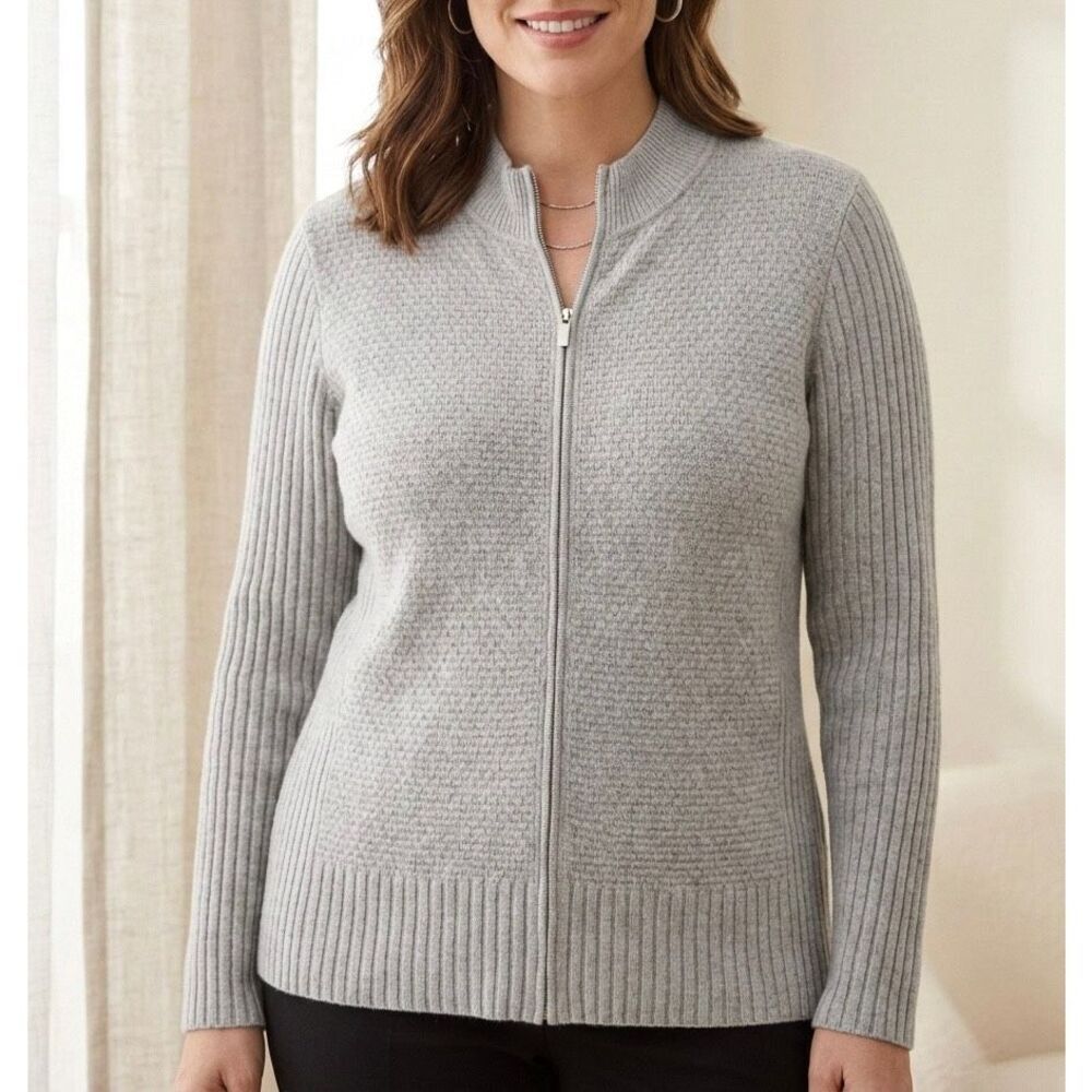 St. John Cardigan Jacket Cashmere Textured Ribbed Full Zip Gray‎ XL